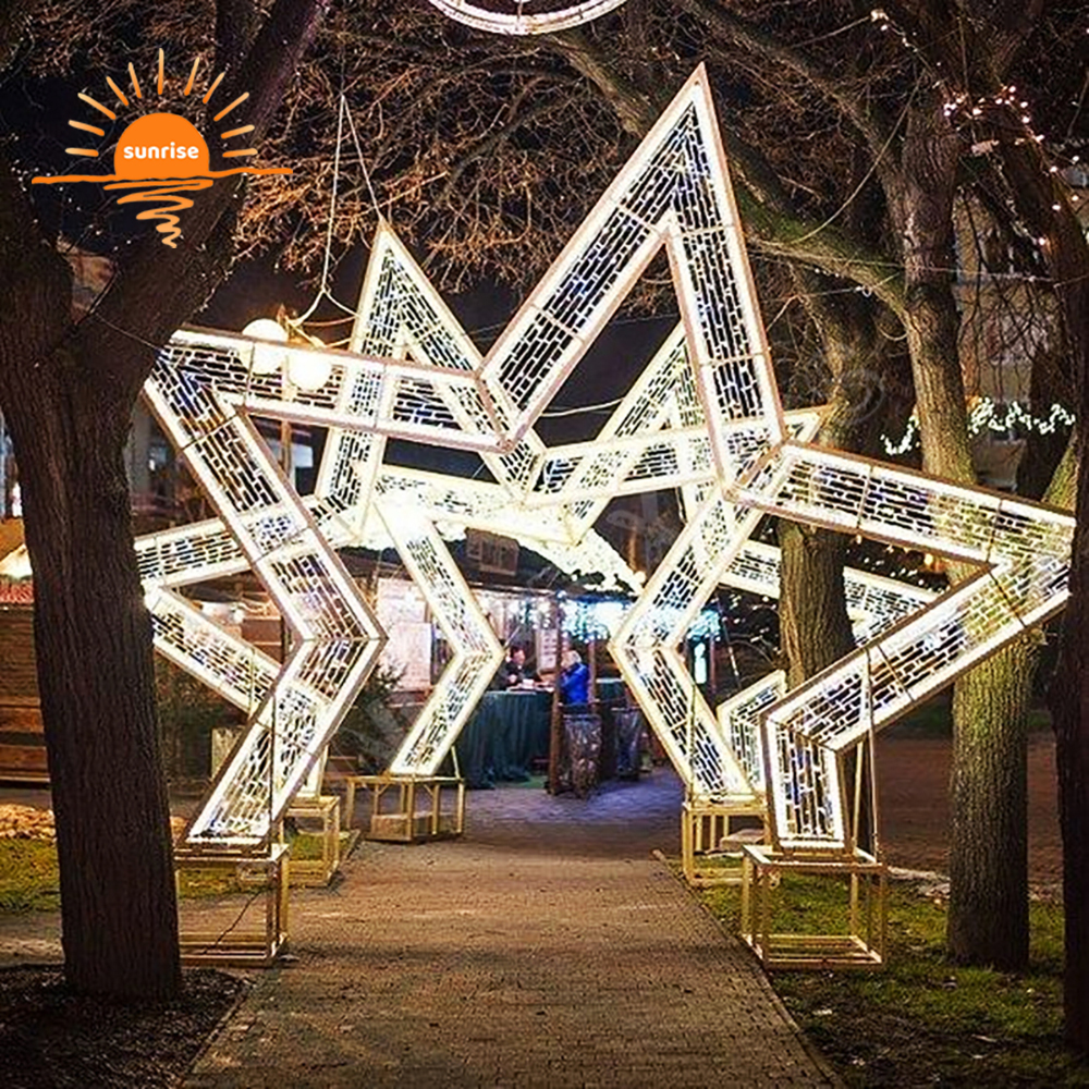 Giant Outdoor waterproof Christmas LED arch walk through five-pointed star tunnel theme light led motif commercial light show