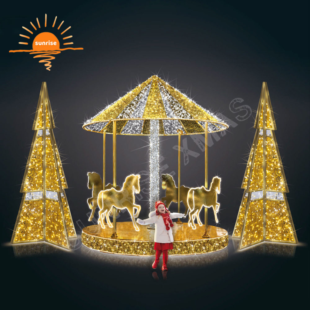 Animated Merry Christmas Hot air Balloon Decoration Led Lights Carousel Motif Train and Elf Decoration for Playgrounds