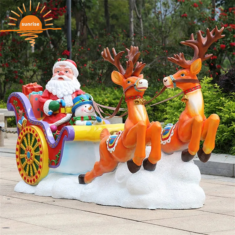 Outdoor Christmas Decoration Resin Fiberglass Santa Claus Reindeer Sleigh Statue Sculpture for Sale